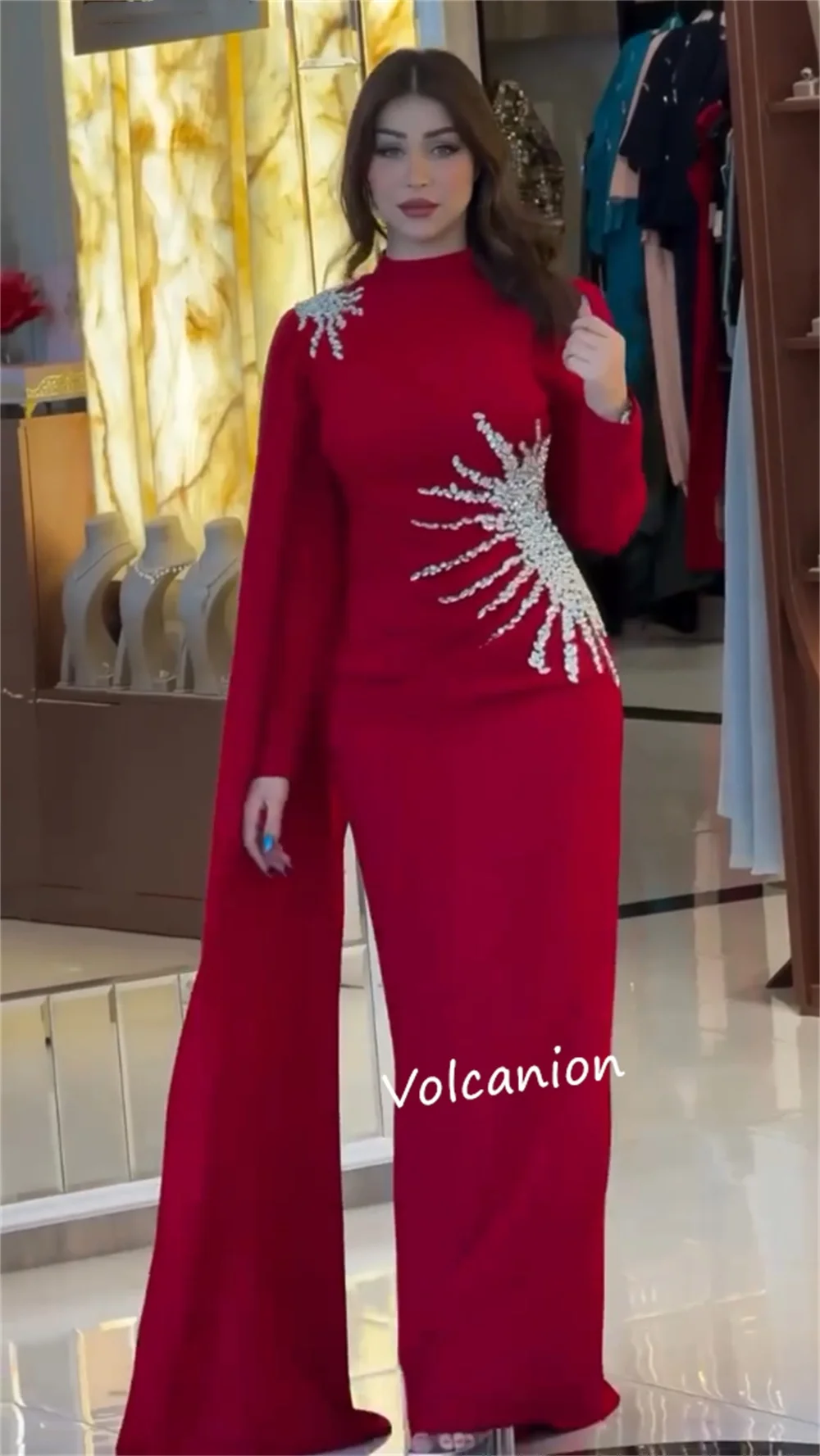 カスタマイズされたジャージ ラインストーン プリーツ ハイカラー A ライン ロング ドレス オーダーメイド オケージョン クラシック レトロ フォーマル