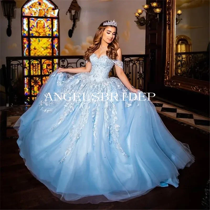 

Angelsbridep light Blue Ball Gown 15 Year Old Quinceanera Dresses 2024 Off The Shouler Appliques Cinderella Princess Party Gowns