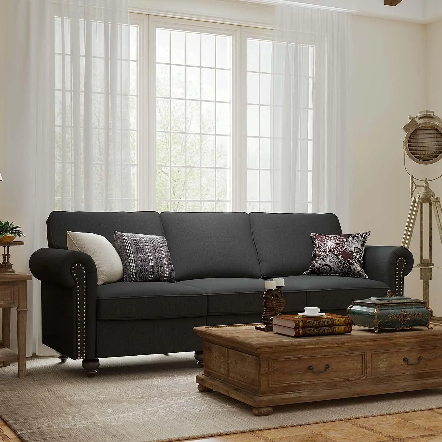 Sofá Almofadas Reversíveis, Sofá Moderno com Braços Rolados, 3 Lugares, Sala e Apartamento