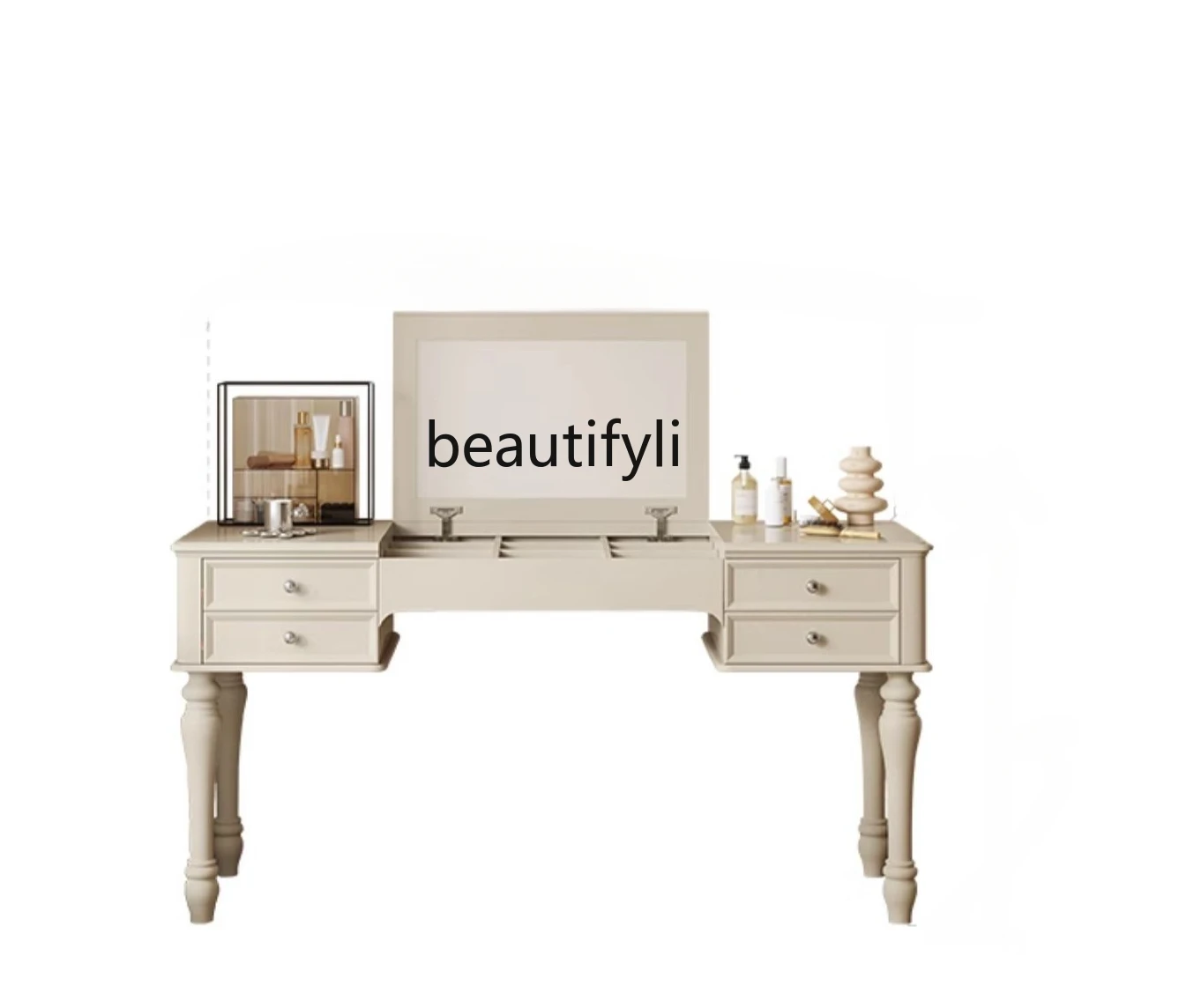 French Retro Cream Style Dressing Table American Master Bedroom Flip Surface with Mirror Integrated Solid Wood Makeup Table