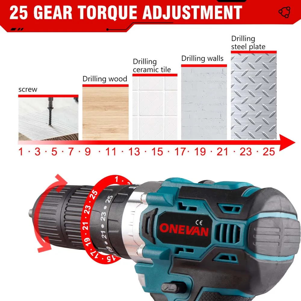 ONEVAN-martillo eléctrico sin escobillas, taladro de impacto inalámbrico 3 en 1, 13mm, para batería Makita de 18v, 25 + 3