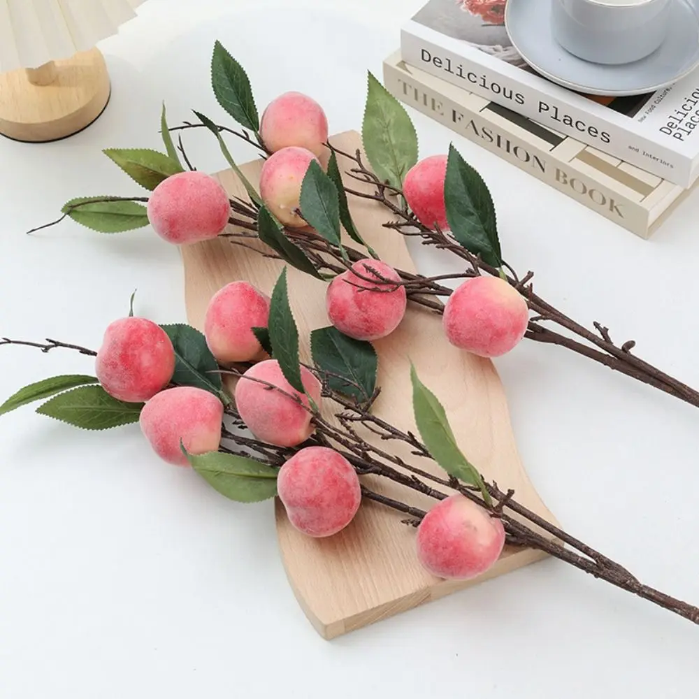 

6 Heads Artificial Peach Branch Plastic Handmade Simulation Peach Fruit Realistic Fake Plants Wedding Party Decor