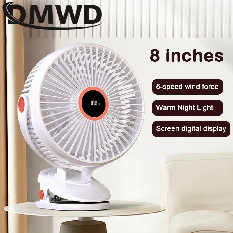 

DMWD Portable USB Table Fan Clip-on Type 10000mAh Rechargeable Mini Desk Fan 720 Degree Rotation 5 Speeds Adjustable Clip-on Fan