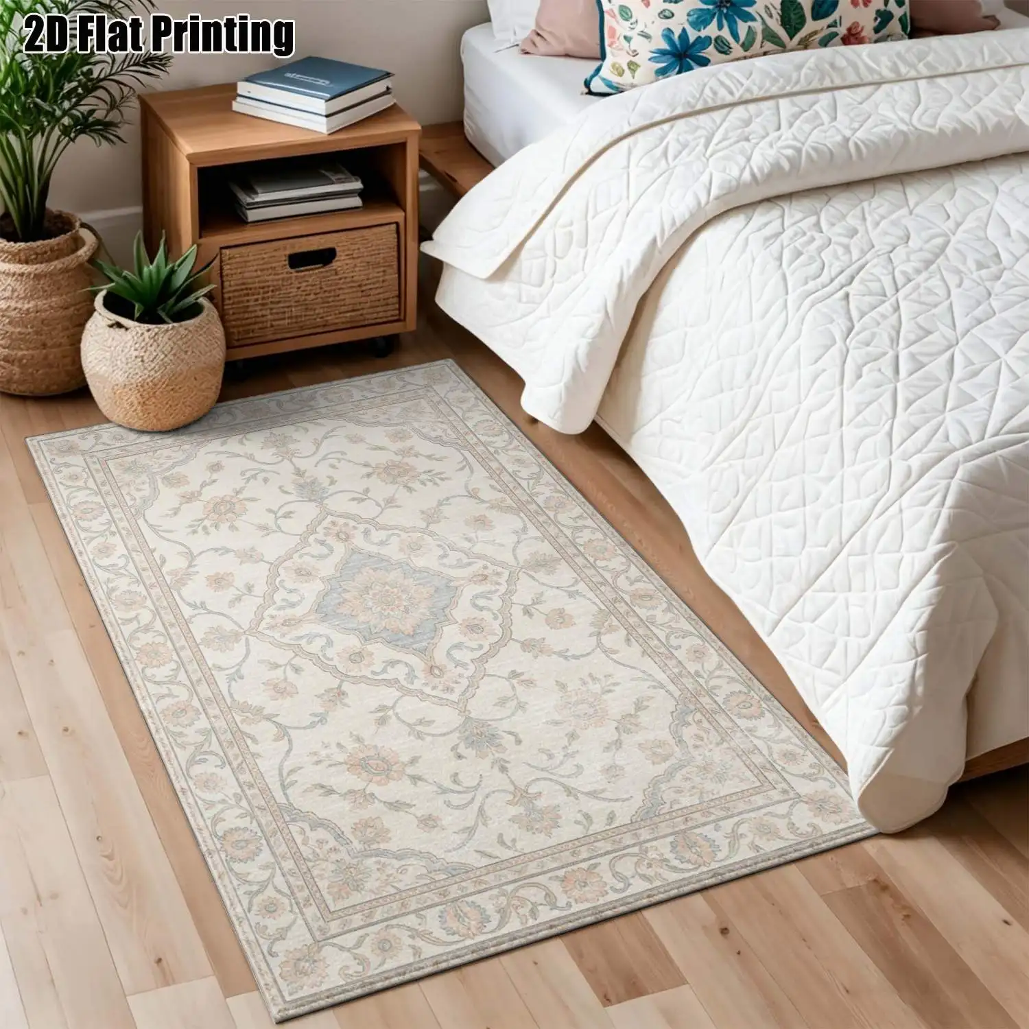 1Pc 2D Printed Carpet: Light Brown & Blue-Gray Floral, European Retro Minimalist, Home Decor, Multi-Size, Machine Washable, Multi-Scene Use