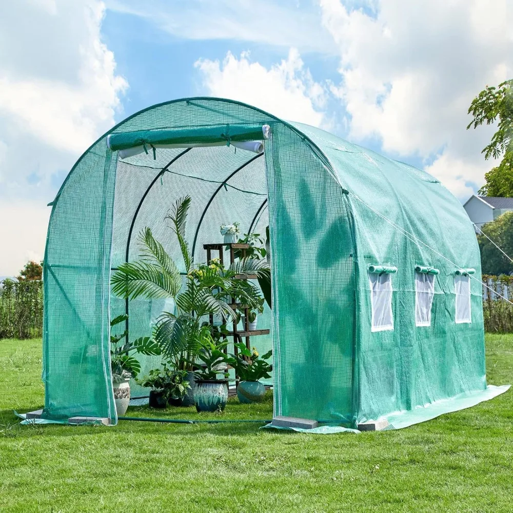 

10x7x7 FT Outdoor Greenhouse with Screen Door,Outside Heavy Duty Walk in Green House for Garden Plants UV Protection Thermostati