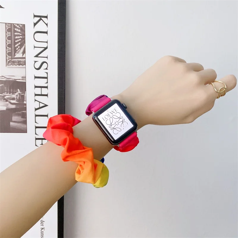 Girls' Hair Ring Checkerboard Fabric Watch Strap for Apple Watch Series 7/6/5/4/se/3/2/1 Daily Life Women Watchband