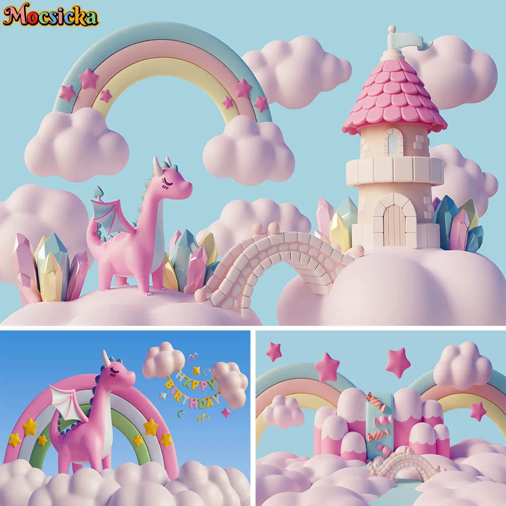 

Fantasy Pink World Candy Marshmallow Castle Photography Background Kids Cake Smash Birthday Background Rainbow Cloud Decor Props