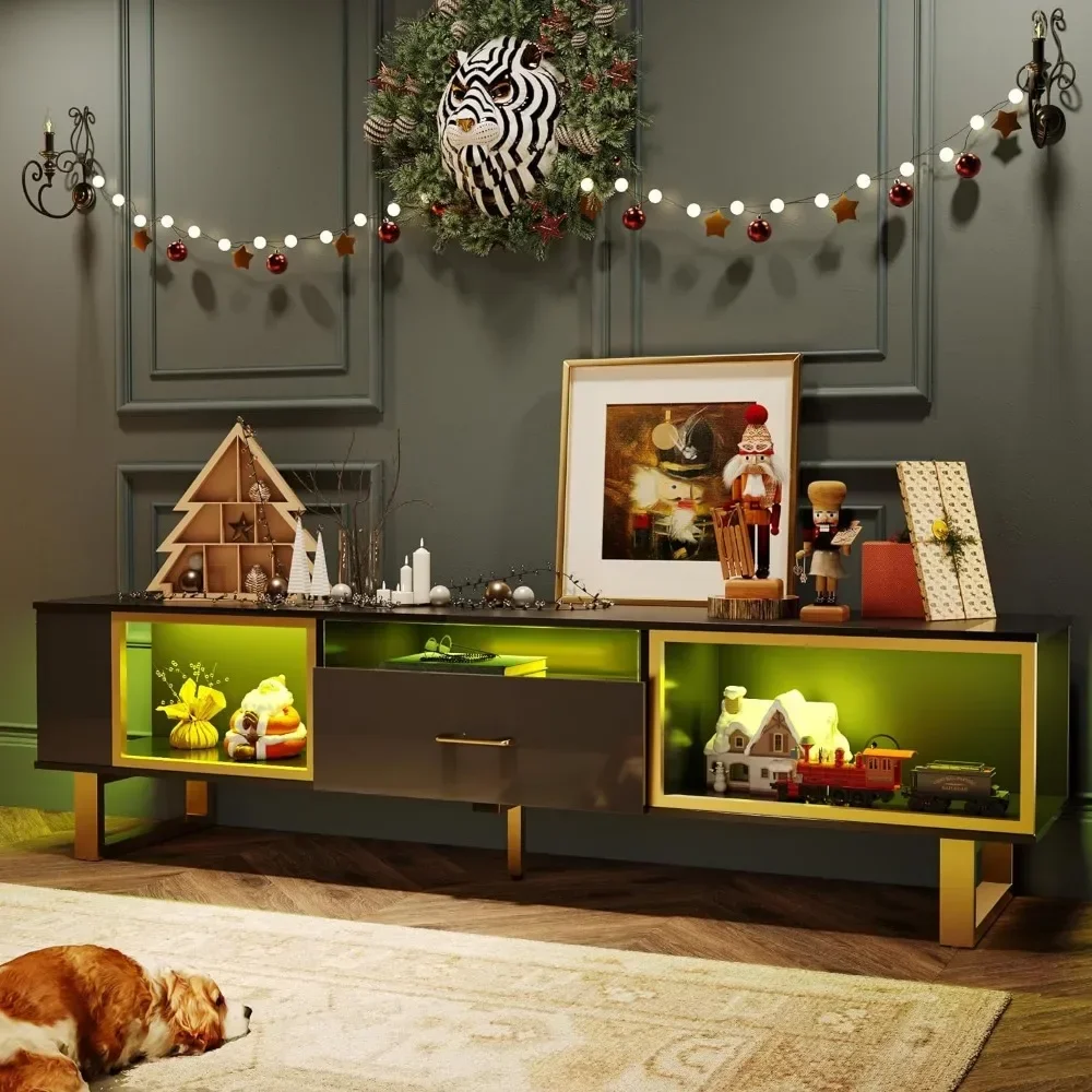 LED TV Stand , Modern Entertainment Center with Open Storage and Half-Glass Design Drawer, High Gloss Media Console image 3