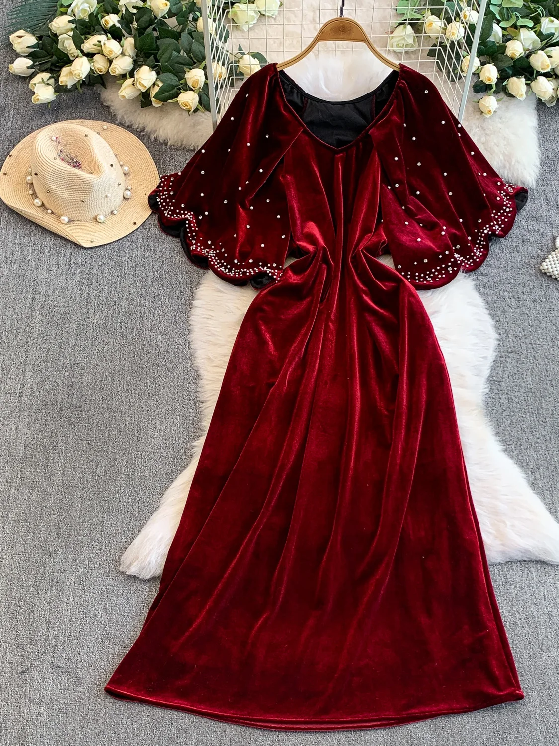 Ele Velvet Long Dr مع awl V-Ne فضفاض مناسب للزينة الثقيلة خرز الماس للخريف والشتاء للنساء Faion Dr #1