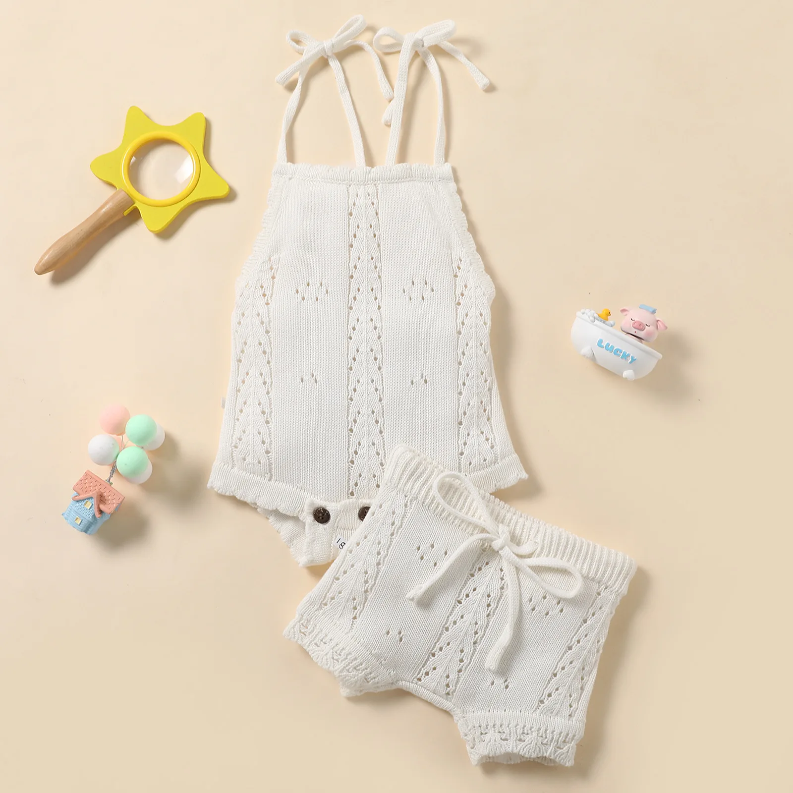 Beach Summer Clothes for Newborn Baby Girls Frilled Eyelet Knitted Jumpsuit+Pants Outfits 2pcs Sets