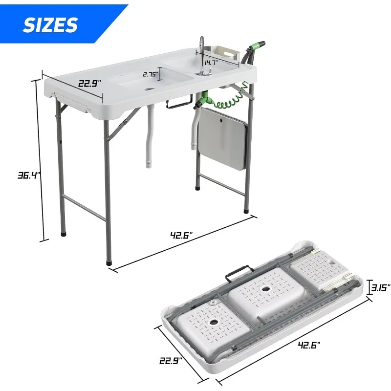 Table de livres de poisson portable avec double évier, station de livres d'extérieur pliante pour le camping, 42.6 po W