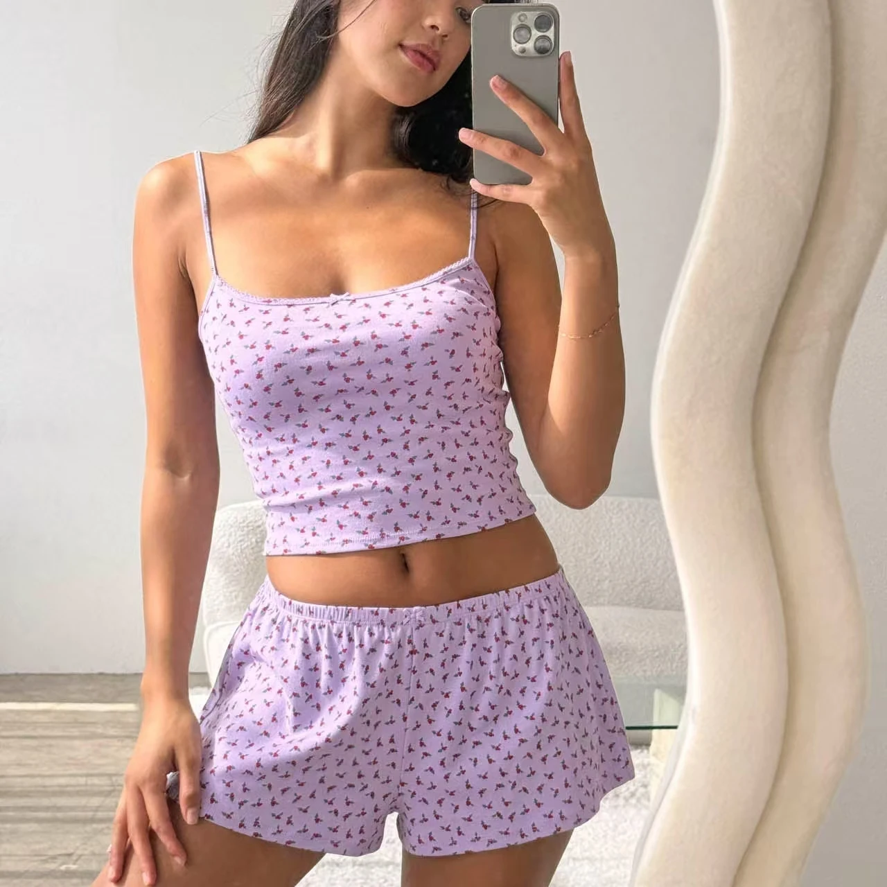 Sexy Print ter Top orts Set Home Clothes Youth Fit Elastic Waist Straight Leg Tubular Svel  Home Comfortable