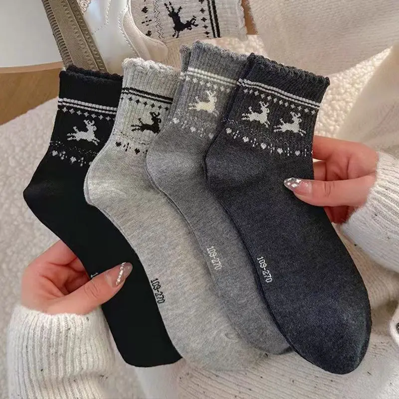 4 Paar Spitzen-Hirsch-Frühlings- und Herbst-Western-Stil Fair Island Retro Grau Sport Herbst und Winter Kurze Röhre Damensocken