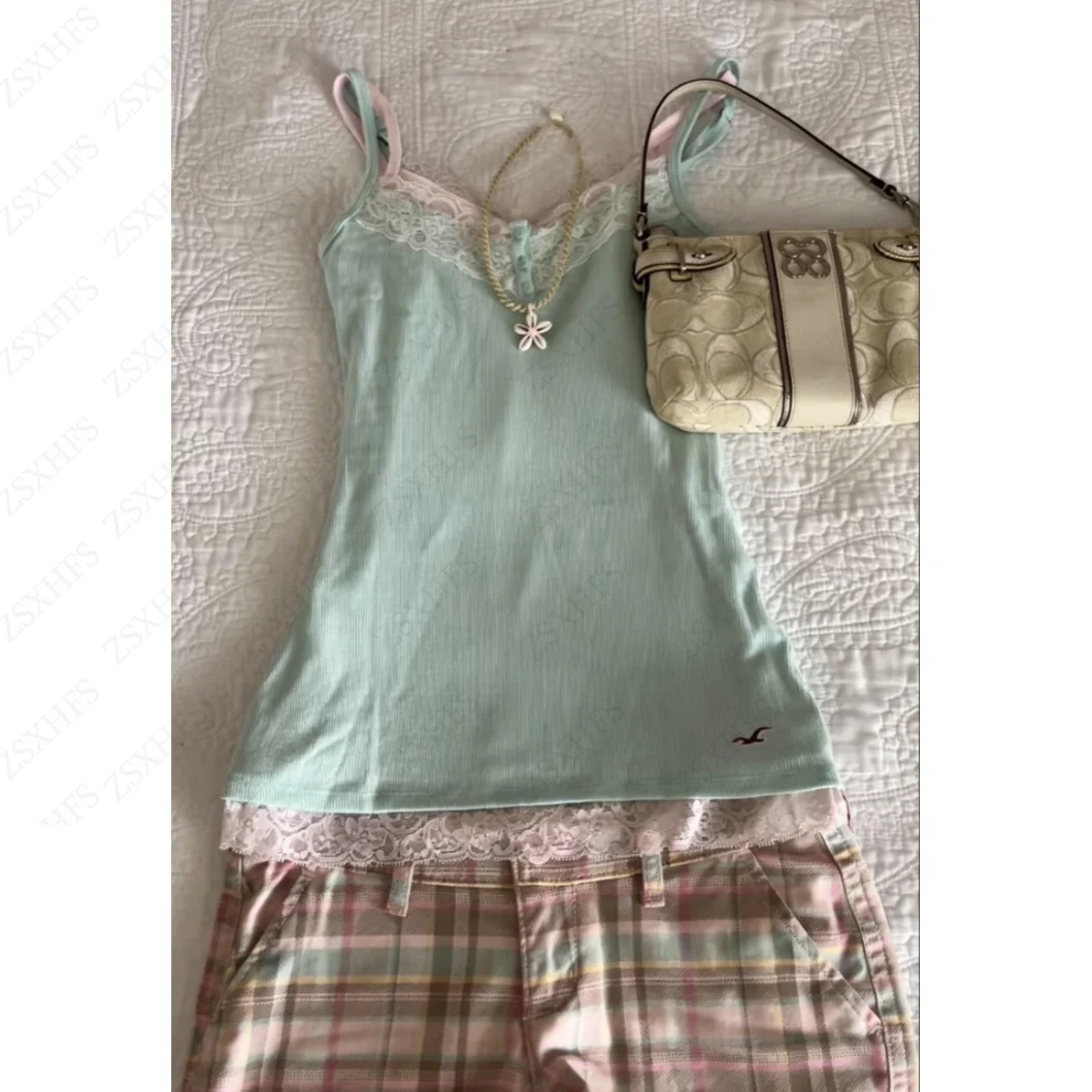 Sexy Summer Crop Tops Women T shirt Punk Kawaii Sweet Girl Cyan Sling Top Female Aesthetic Goth Corset Elegant Casual Tank Tops