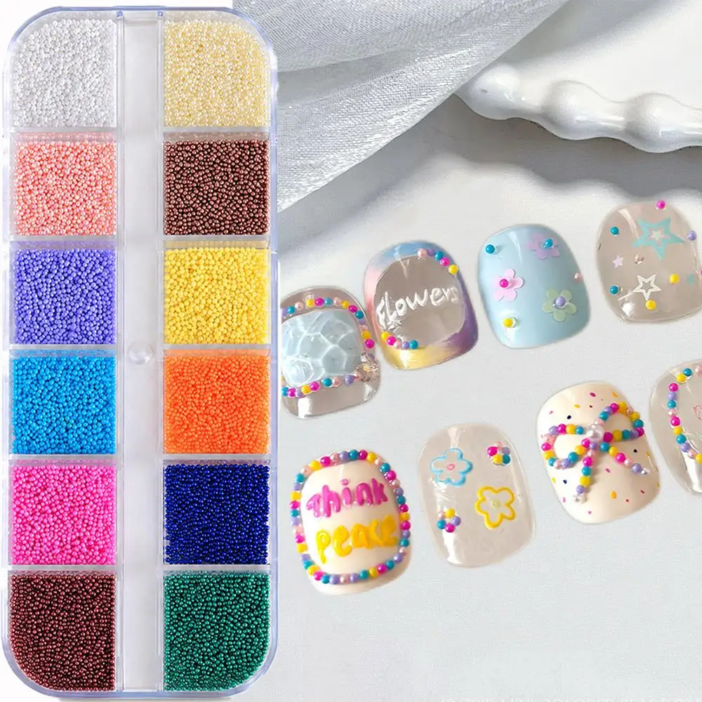 12Grids 3D Colorful Mini Caviar Beads Nail Charms Tiny Macaron Colors Round Ball Nails Art Decorations DIY Manicure Accessories