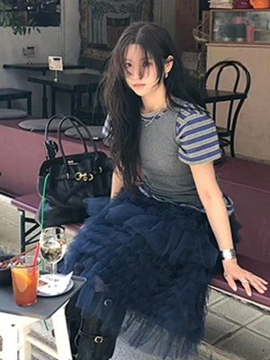 

2025 Summer Trendy Women's Faionable Stripe Anti-Aging Top Net Puffy Skirt f-length Two-piece Set Versatile Midi Skirt