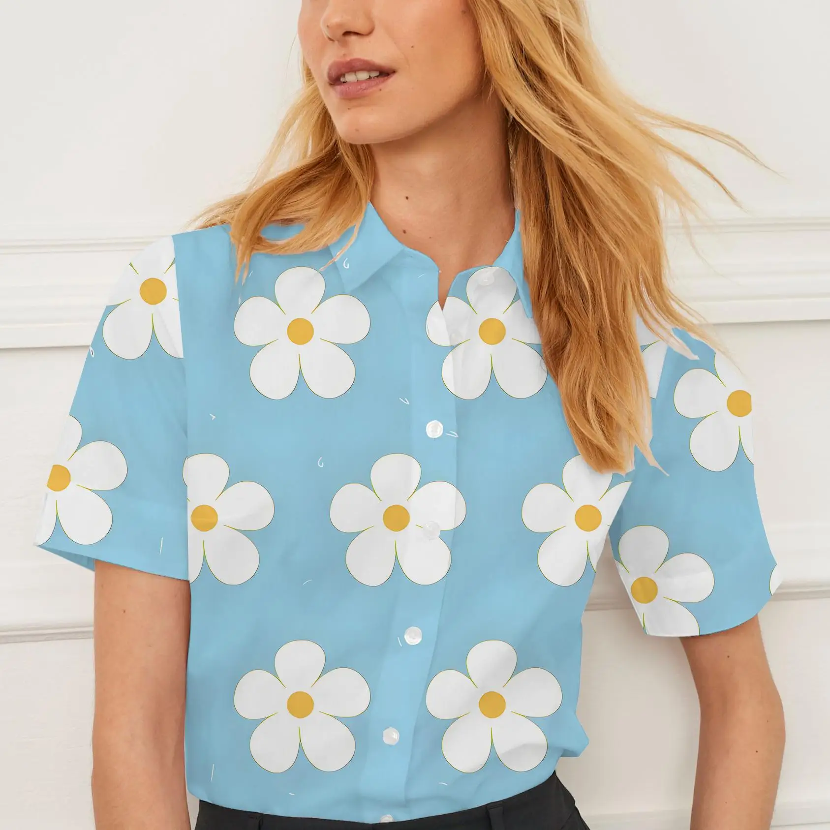 

Short-sleeved shirt summer lapel women's tops flower pattern design suitable for going out casual women's fashion