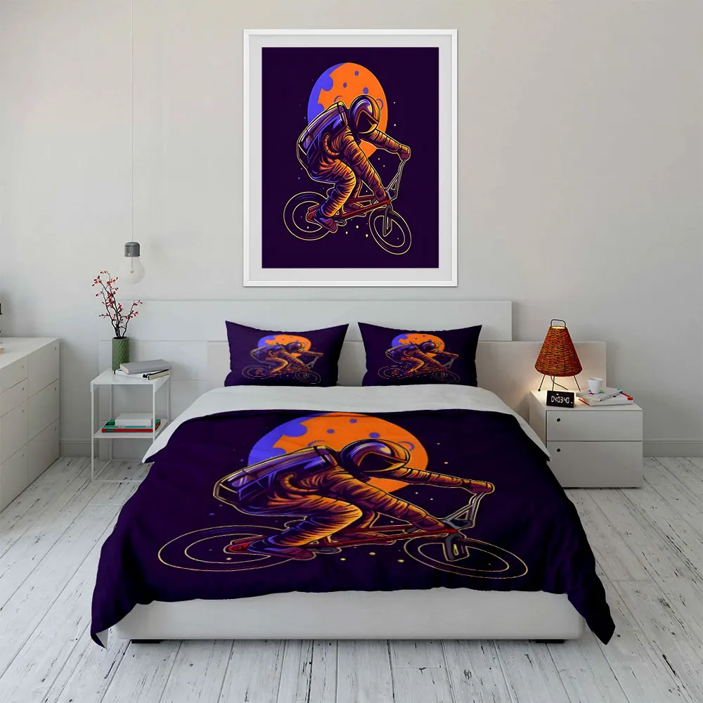 Astronaut cycling moon background Print Soft Comfortable Duvet Cover Bedding Set Included 1*Duvet Cover  2*Pillowcases