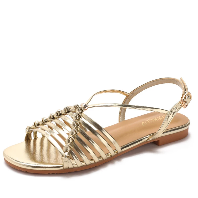 

French retro gold flat round-toe sandals with hollowed-out thin straps, summer one-strap fashion Roman shoes