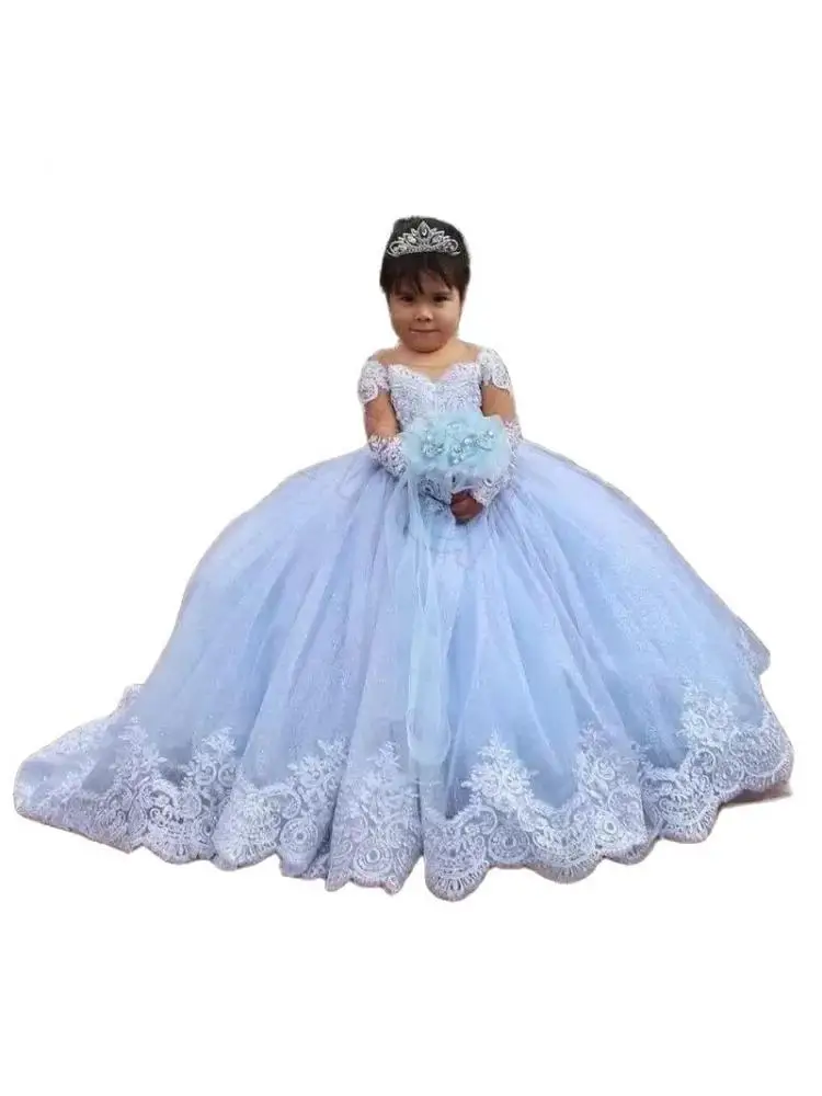 Light Sky Blue Puffy Flower Girl Dresses Long Sleeves For Wedding Lace Appliqued Toddler Pageant Ball Gown Tulle Custom Made