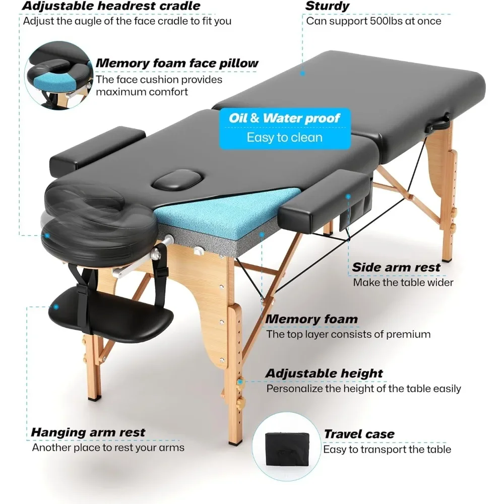 Memory Foam Massage Table Premium Portable Foldable Massage Bed Height Adjustable, Spa Bed with Accessories &Carrying MQAM