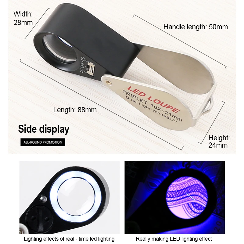 10X-40X Folding Loupe Magnifier Jewelry Magnifying Glass Triplet Lens Optical Glass Illuminated Magnifier with 6 LED 7 UV Lights