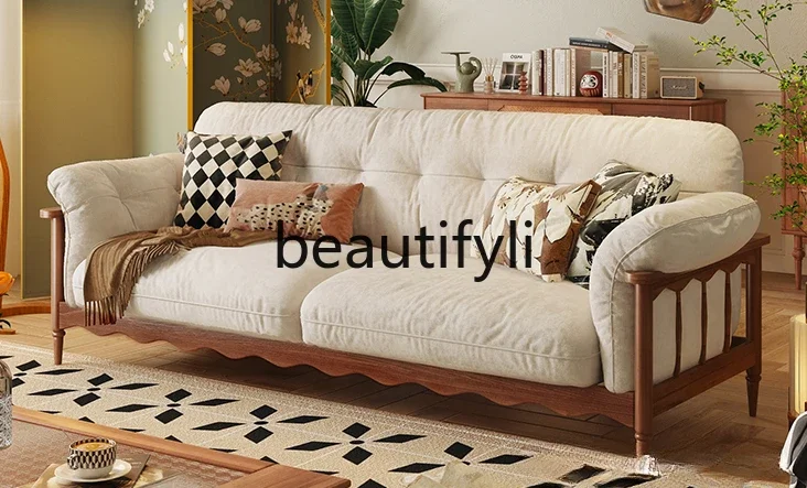 

French all-solid wood cloud sofa retro three-person small apartment living room log cream wind straight row fabric sofa