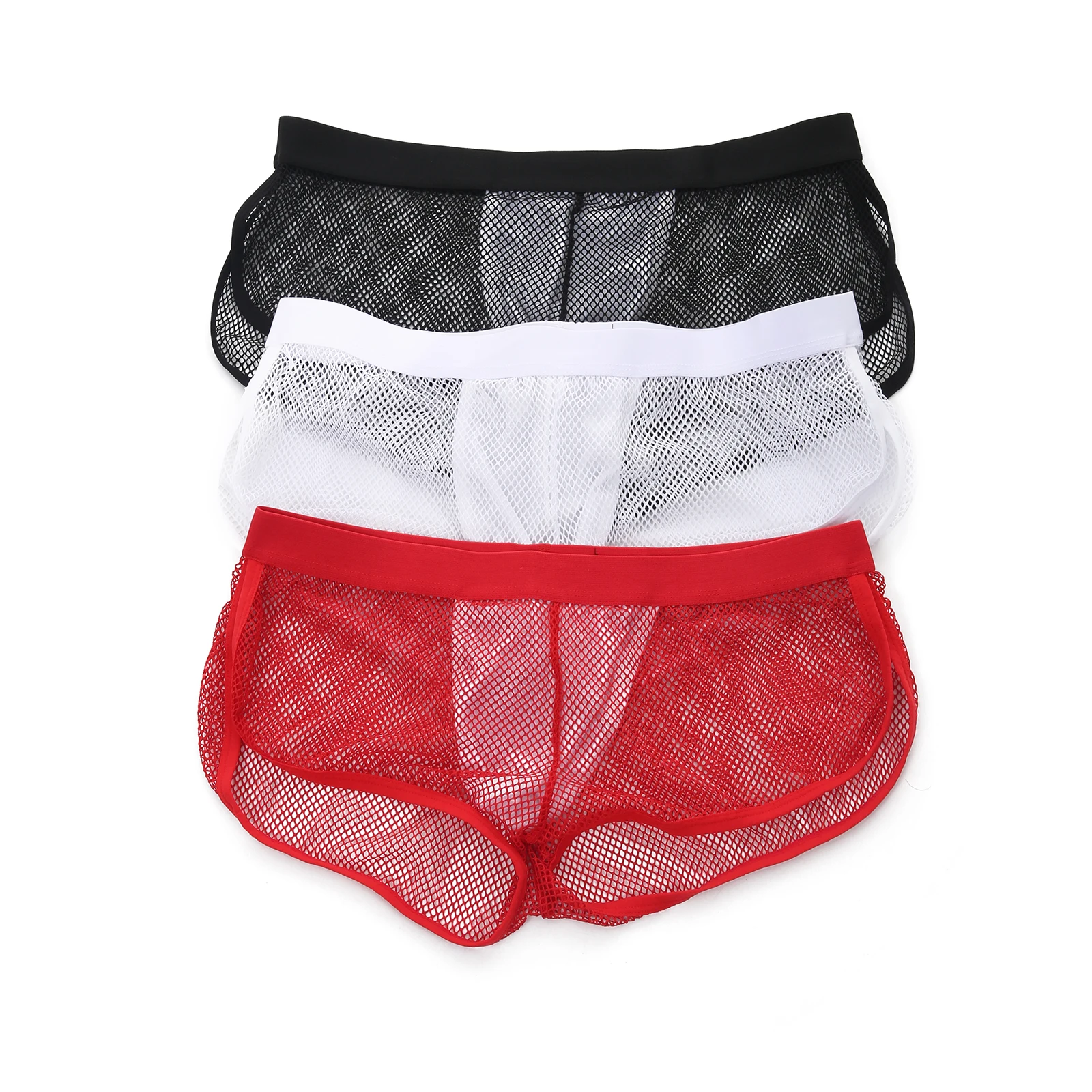 

Sexy Men's Mesh Boxers Fishnet Underwear Side Split Inner Pouch Low Waist Transparent Shorts Man Breathable Arrow Pants