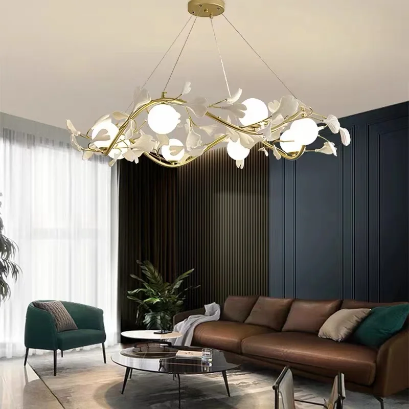 Nordic Deluxe Glass Ball LED Pendant Lamp Modern Ginkgo Pendant Lamp For Living Room Decoration Deluxe Pendant Lamp