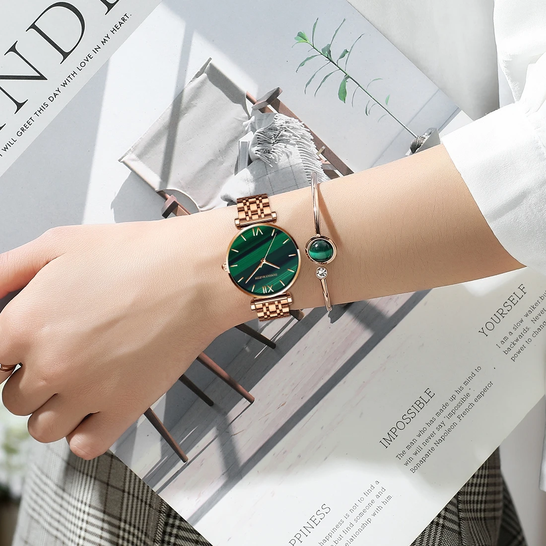 Women Fashion Casual Watches Green Malachite Dial Ladies Japanese Quartz Wristwatch Stainless Steel Strap Waterproof Watches