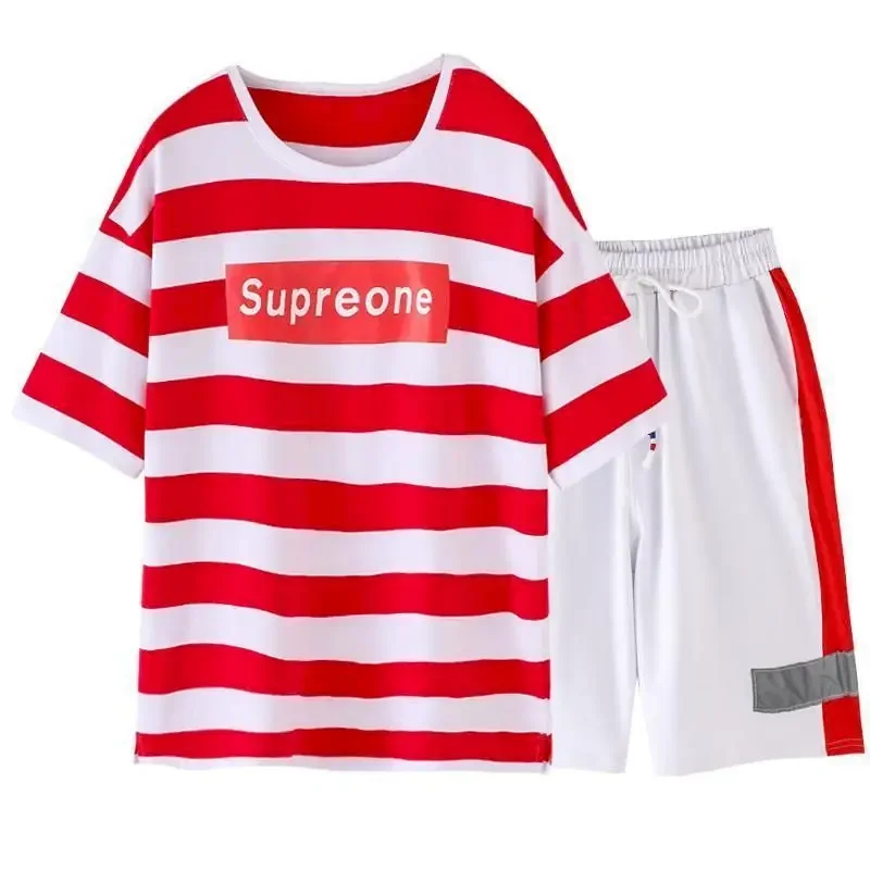 Cotton-containing Suit Women's 2024 Summer New Striped Loose Age-reducing Outer Wear Casual Sportswear Two-piece T Shirt Women