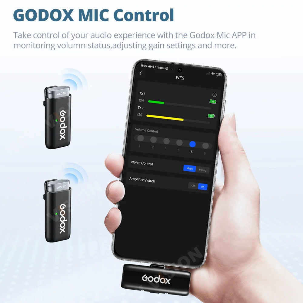 System mikrofonowy bezprzewodowy Godox WES1 WES2 2.4GHz z redukcją szumów, nadajnik i odbiornik do kamery, smartfona, transmisji na żywo
