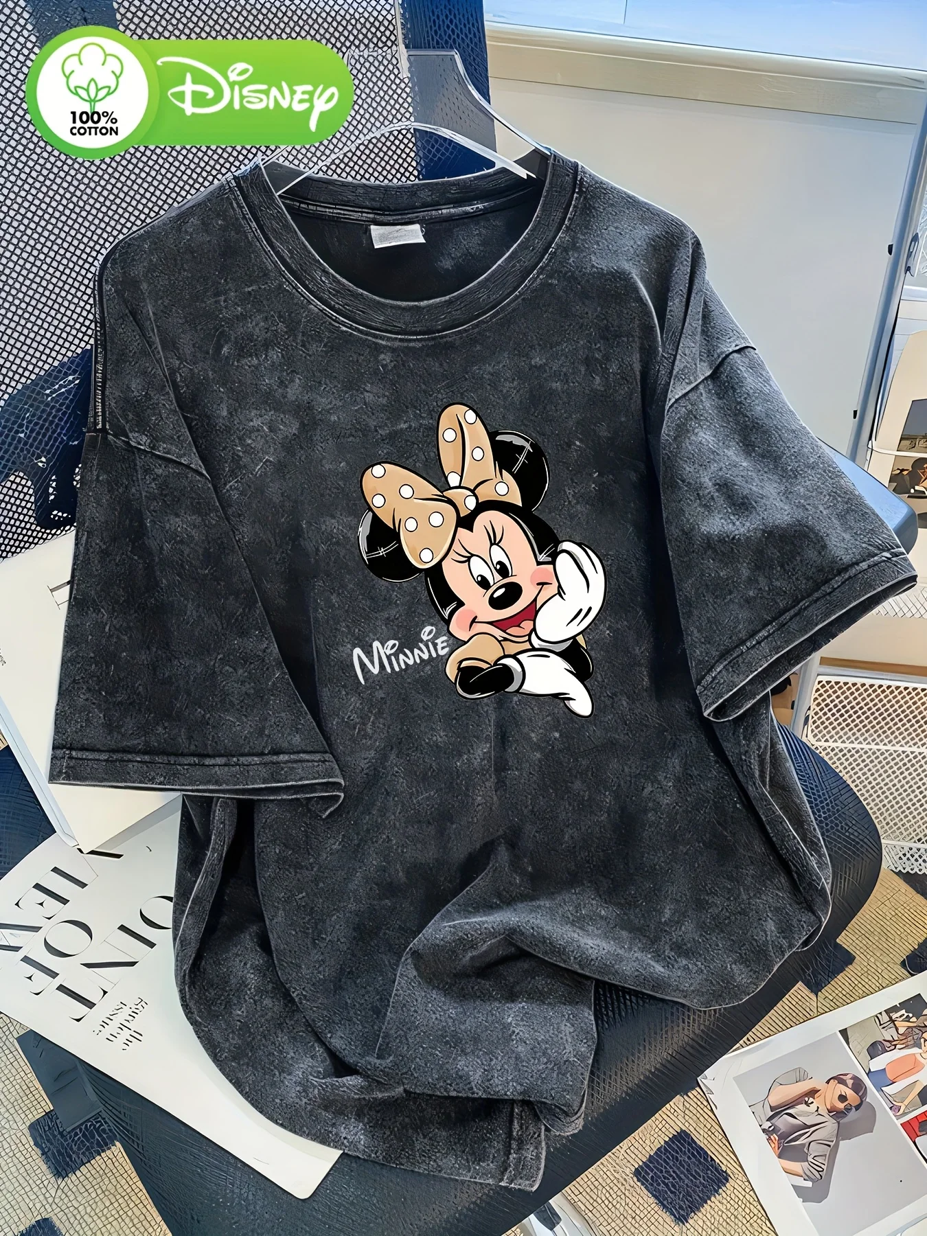 

Minnie Pattern T-shirt - Water Washed Loose Casual Style Retro Family Printed Spring/Summer Autumn/Winter Cartoon Shirt