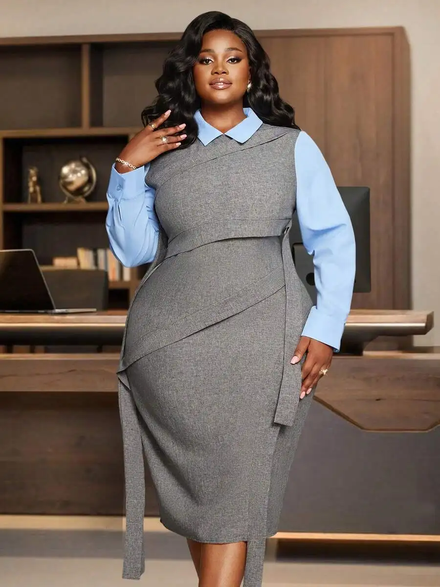 

Женское платье-рубашка серо-синего цвета с воротником и завязками на талии