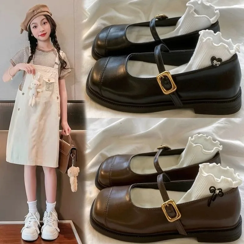 2026 Autumn New Kid's Girls French Vintage Leather Shoes - Leather Flats with Antique Brass Buckle, Low Heel Dress Shoes