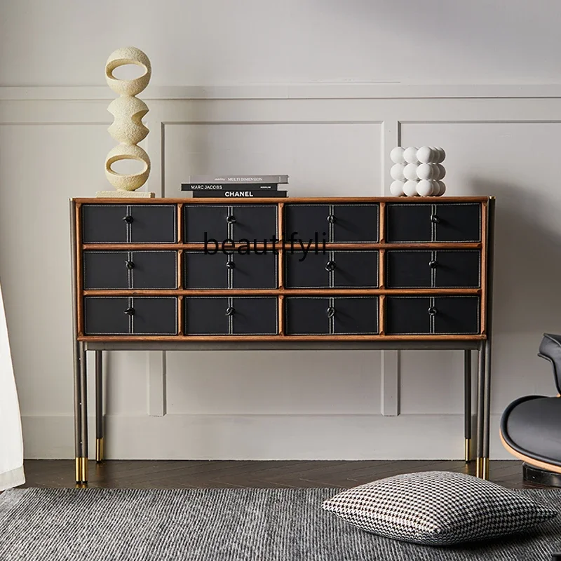 

S Medieval solid wood dining side cabinet Nordic living room walnut color retro storage multi-drawer cabinet
