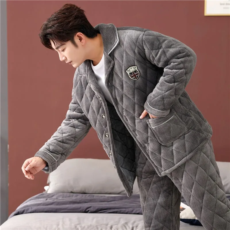 Pajamas Men Autumn Winter 3-layer Cotton Jacket Thick Plush Sleepwear Male Coral Velvet Thermal Insulation Flannel Home Clothing