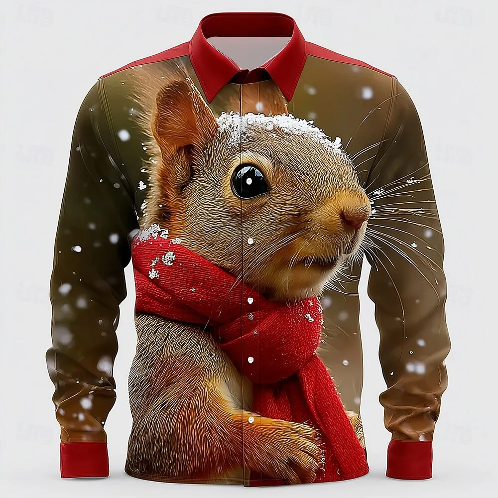 Christmas Squirrel Pattern Long Sleeve Shirts Men's Women's 3D Print Casual Lapel Shirt Fashion Loose Casual Comfortable Clothes