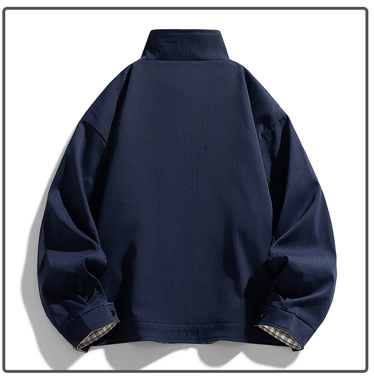 Herren Stehkragen-Freizeitjacke – Einfarbige, locker sitzende Windjacke mit Reißverschluss und Karofutter, Streetwear-Oberbekleidung – Detail 10