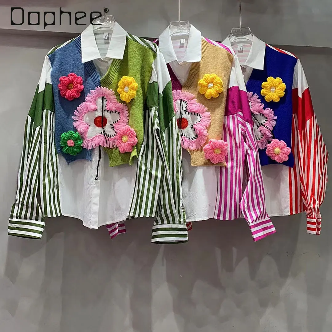 

European Goods Striped Flower Knitted Shirt Women 2024 New Contrasting Color Splicing Mid Length Cardigan Top Loose Shirt