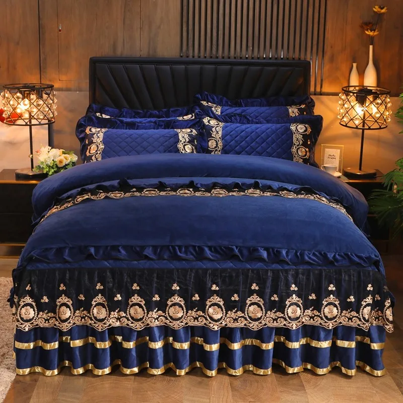 for Home Hotel Use Quality Linge De Lit Includes Bed Skirt Pillow Case Fitted Covers Luxury 4-Piece Bedding Set Embroidered Lace