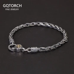 4mm S925 Sterling Silver Bracelet for Men and Women Handmade Braid Vajra Tibetan Buddhist Mantra Six Character Jewelry