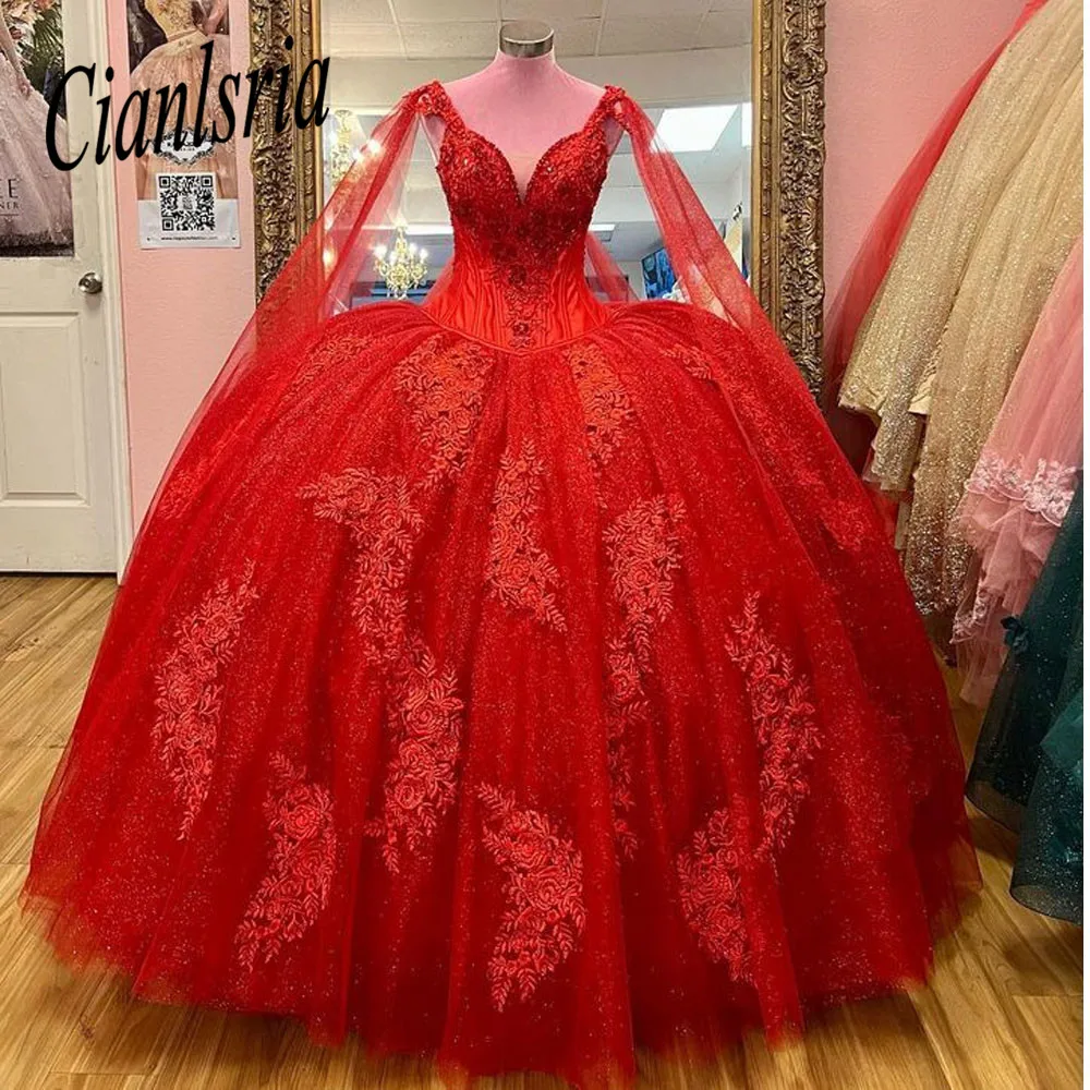 Red Quinceanera Dresses With Wrap Ball Gowns Puffy Plus Size Women Masquerade Sixteen Sweet 16 Dress 15 Years vestido de 15 anos