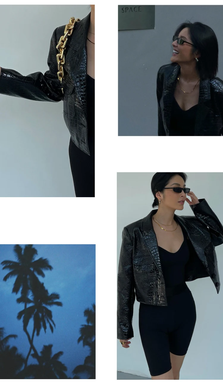 Lautaro Spring Autumn Short Cool Stylish Shiny Reflective Crocodile Print Patent Pu Leather Jacket Women Runway Fashion 2023