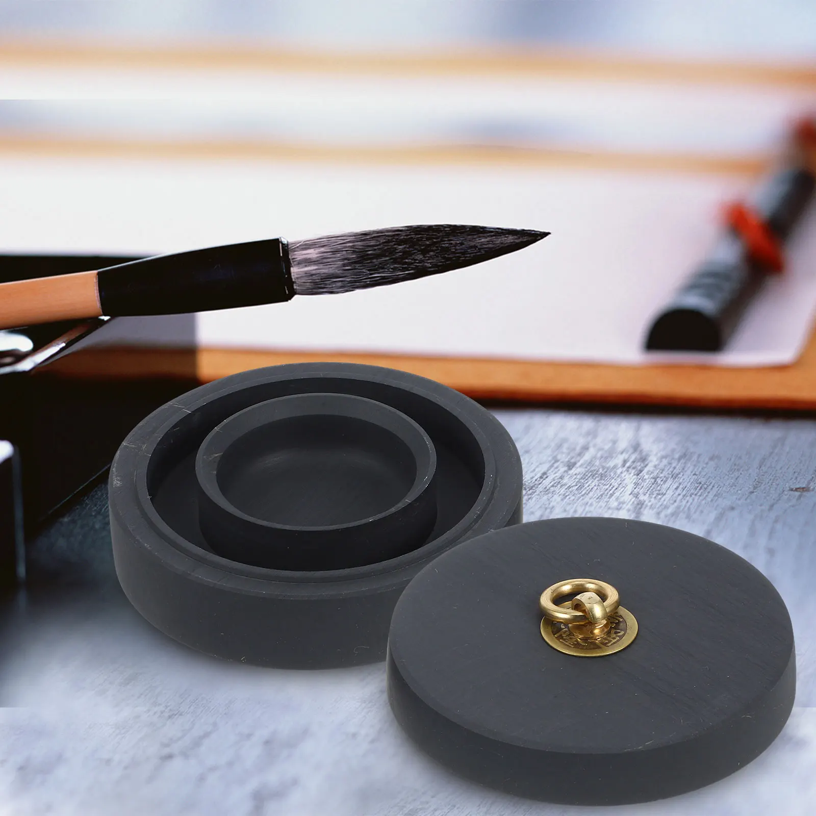 

1pcs Calligraphy Inkstone Durable Stone Smooth Grinding Surface Student Practice Cultural Design Portable Lid Hotpot Style Art