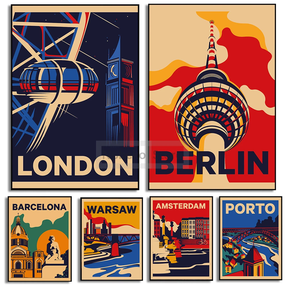 European Travel Poster London Berlin Amsterdam Porto Barcelona Poster Prints Canvas Painting Wall Art Pictures Home Room Decor