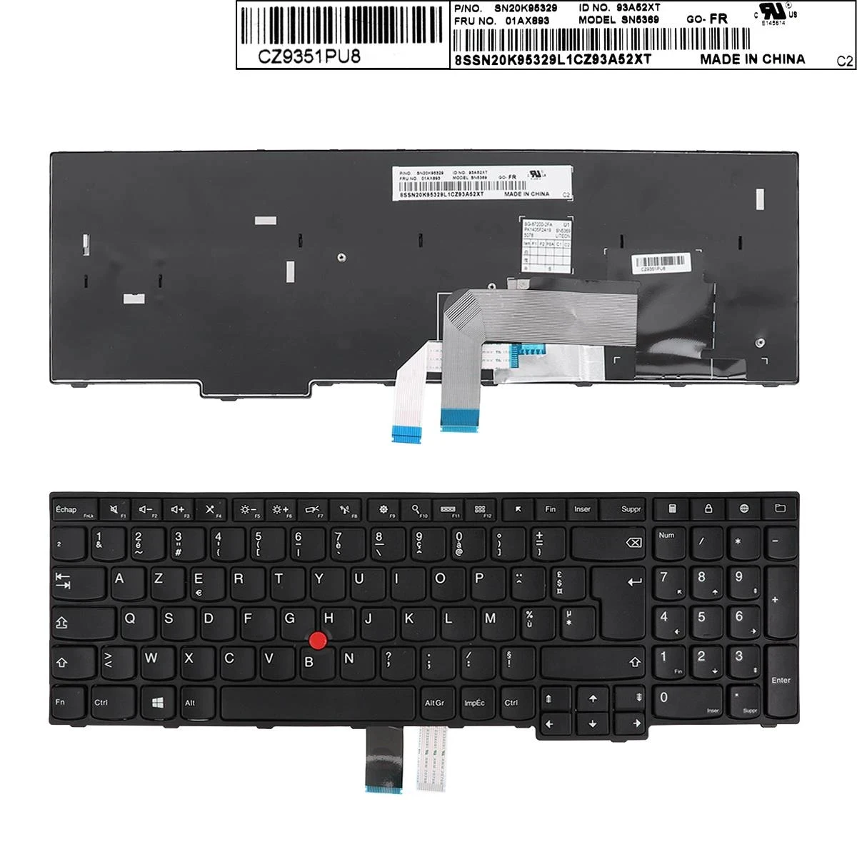 French AZERTY Laptop Keyboard For Lenovo Thinkpad E550 E550C E555 E560 E565 E560C SN20K95329 Black with Pointer