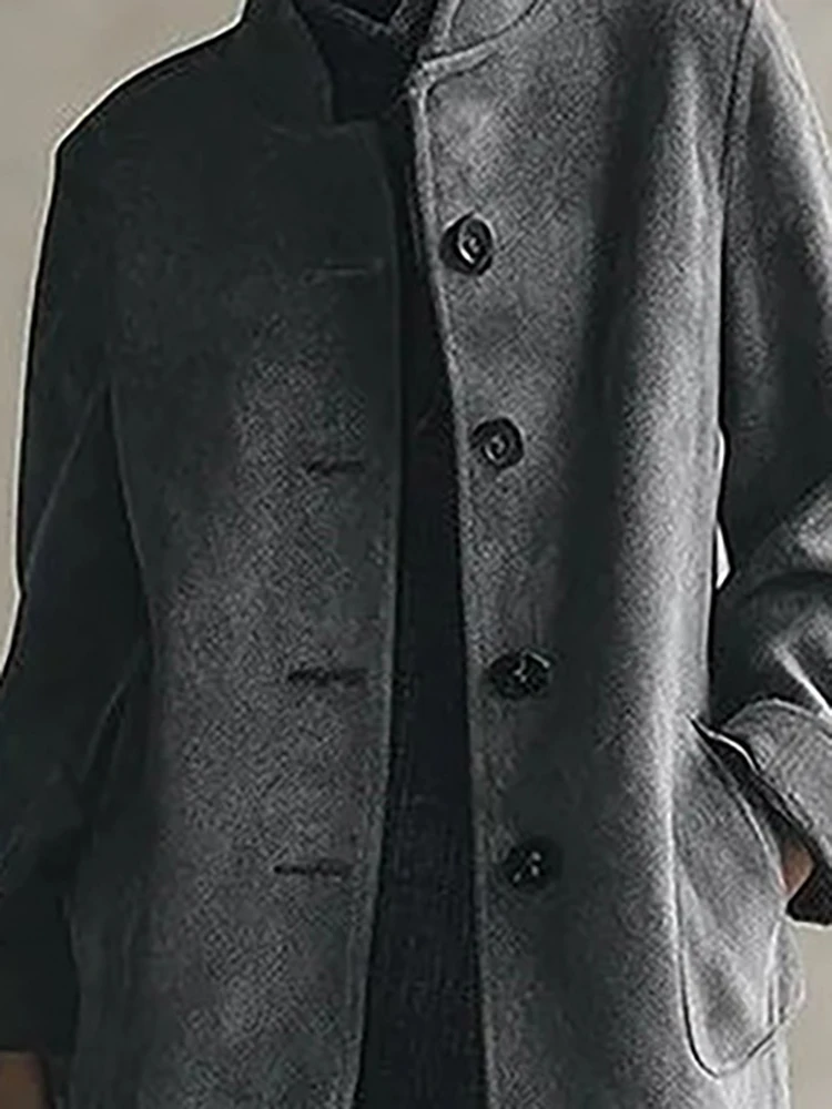 

Женская простая верхняя одежда с карманами, высококачественное серое шерстяное пальто с воротником-стойкой и длинными рукавами, модное однобортное прямое пальто для поездок на работу