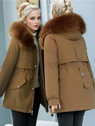 Chaqueta de plumón con capucha para mujer, abrigo elegante con aislamiento grueso, ropa de felpa delgada con Cuello de piel Parker, novedad de invierno, 2024