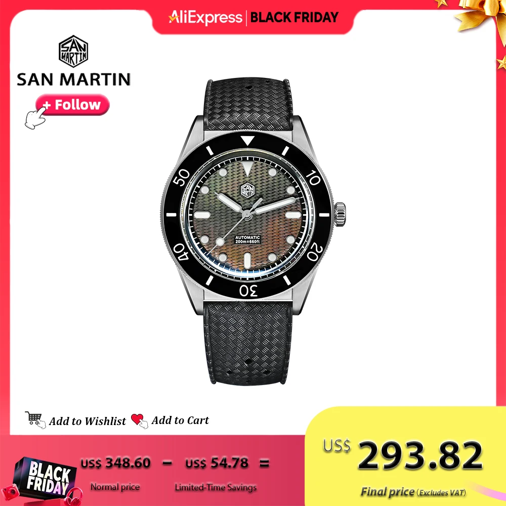 

San Martin 39mm Diver Watch Miyota 90S5 Automatic With Guilloche MOP Dial Sapphire Bezel 200m Water Resistance Luminous SN0151